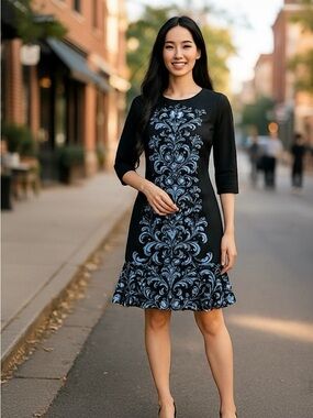 White House Black Market‎ Black, Floral Damask Print Midi Dress, Size M, NWT